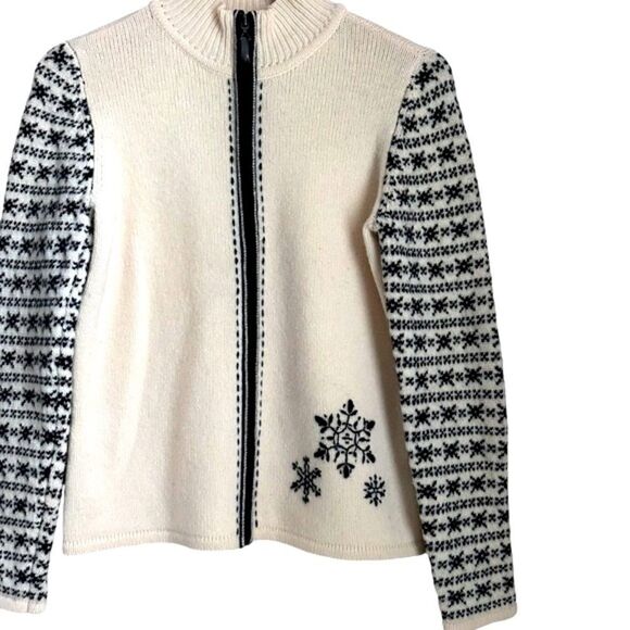 Women Petite M Lambs Wool Zip Up Cardigan Sweater Fair Isle Norwegian Ski Chalet - Picture 3 of 11